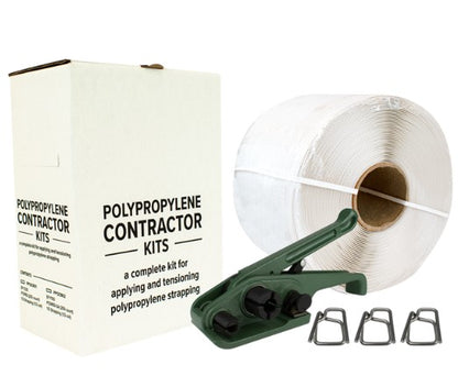 Kit para contratistas de polipropileno de 1/2" x 3,000' de correa, tensora de carretel y hebillas de alambre galvanizado